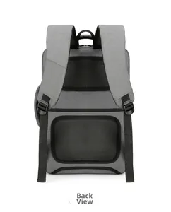 Detail of ergonomic mesh back padding and luggage strap on grey business backpack
