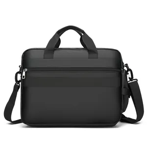Waterproof black business laptop briefcase with leather handles and adjustable shoulder strap