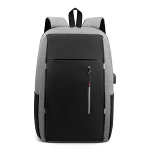 Men's business laptop backpack in black and grey with USB charging port and oxford fabric