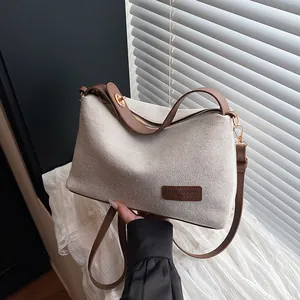 Women Knitted Fabric Shoulder Bag With PU Leather Trim Large Capacity Crossbody Bag Minimalist Stitching Underarm Bag Trendy Daily Handbag