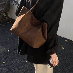 Minimalist brown suede tote bag in a large capacity design for women winter fashion