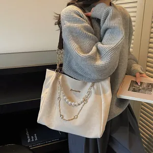 Retro cream jacquard tote bag with pearl chain and brown leather strap for women