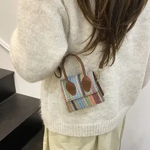 Mini striped woven crossbody bag with leather handles and gold-tone hardware for women
