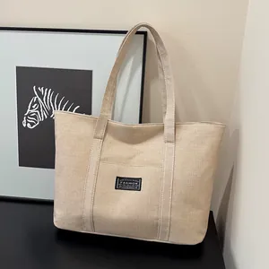 Sac Fourre-tout Spacieux en Lin de Coton pour Femmes Sac à Bandoulière en Toile Simple Mode pour Étudiante Décontracté