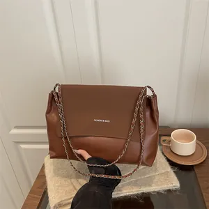 Women Vintage PU Leather Large Capacity Tote Bag Minimalist Chain Shoulder Crossbody Bag With Flap Fashion Letter Print