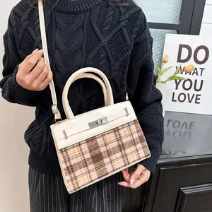 Chic 2025 large capacity plaid handbag with silver turn-lock and adjustable shoulder strap