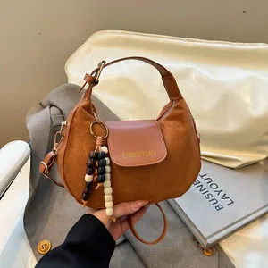 Vintage Faux Suede Patchwork Half Moon Shoulder Bag For Women Retro Casual Crossbody Handbag With Wood Bead Charm Daily Purse