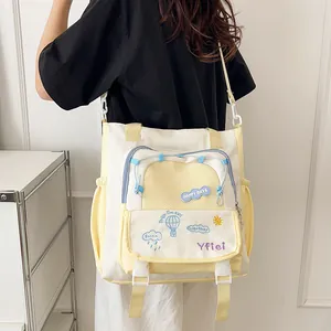 Minimalist canvas tote bag with yellow color block and Happy Days embroidery design