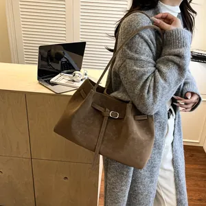 Retro coffee brown large suede tote bag with decorative buckle for winter commute