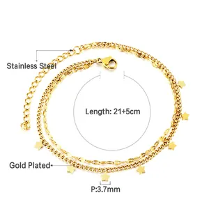 Detail der 18k vergoldeten Edelstahl-Fußkette mit Sternanhängern und Größenangaben
