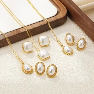 Vintage French Style Imitation Artificial Pearl Stainless Steel Necklace And Earrings For Women Geometric Cubic Zirconia Jewelry