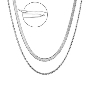 Double-layered stainless steel necklace featuring a herringbone and rope chain set