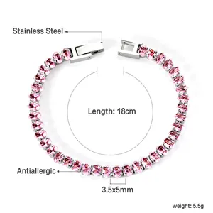 Pulsera tennis de circonita rosa en acero inoxidable con dimensiones y especificaciones