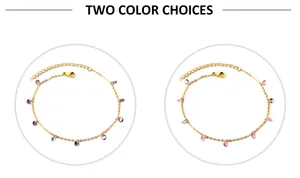 Detail view of gold adjustable anklets featuring purple and pink multi-faceted gemstones
