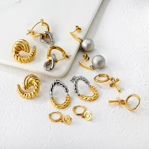 Dames Roestvrijstalen Oorbellen Geometrisch Gedraaid Ovaal Hoop Goud Zilver Tweekleurig Spiraal Ankh Kruis Hangende Oorbellen Mode Sieraden