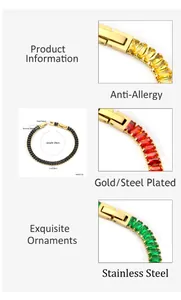 Detalle de las pulseras tenis de acero inoxidable chapado en oro 18k con cristales de colores