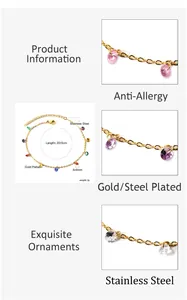 Detail of 18k gold plated stainless steel anklet with colorful 4mm gemstone charms
