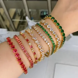 Exquisita Pulsera de Tenis de Acero Inoxidable Chapado en Oro de 18K Pulsera de Cristal Ovalada Baguette con Zirconia Multicolor para Regalo Joyería Mujer