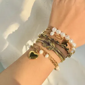 18K Vergoldetes Edelstahl Künstliche Perlenarmband Für Damen Wasserdicht Minimalistisch Elegante Gliederkette Schmuck Geschenk