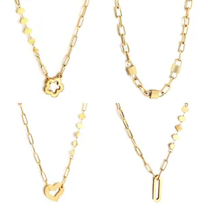 Collier Chaîne Trombone en Acier Inoxydable Plaqué Or 18K Avec Pendentif Fleur Cœur Cadenas Hexagone Bijoux pour Femmes