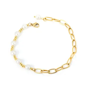 Elegantes 18k vergoldetes Edelstahlarmband mit weißen Perlen und Gliederkette für Damen