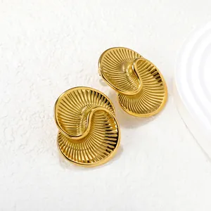 Polished 18k gold plated double layered round stud earrings with radial texture detail