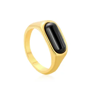 Minimalistischer dicker Goldring mit ovalem schwarzem Onyx und poliertem Finish