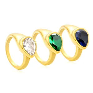 18k gold plated stainless steel rings with pear-cut white, green, and blue gemstones