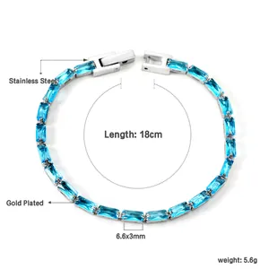 Detail view of 18cm stainless steel tennis bracelet with 6.6x3mm blue zircon gemstones