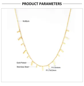Detail of gold plated stainless steel necklace with 1.7x6.3mm rectangle pendants