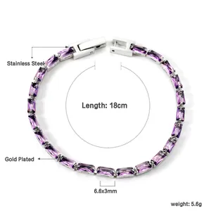 Detail of 18cm gold plated stainless steel tennis bracelet with purple rectangle zircons