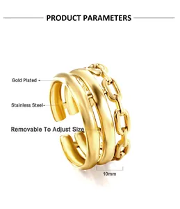 Detail of 18k gold plated 10mm triple layered stainless steel adjustable ring design