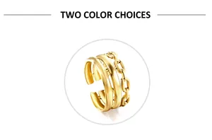 Macro view of adjustable 18k gold layered ring with smooth and chain band details