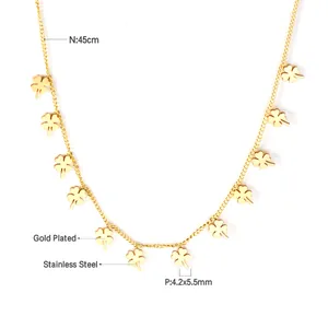 Detail view of gold-plated stainless steel necklace with clover charms and size specifications
