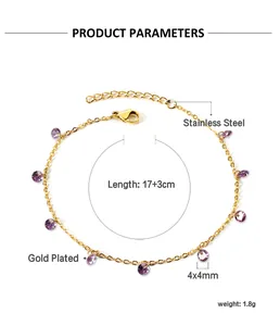 Detail view of 18k gold plated stainless steel bracelet with purple round zircon charms