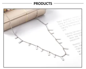 Detail of silver stainless steel necklace with sleek rectangular bar charms