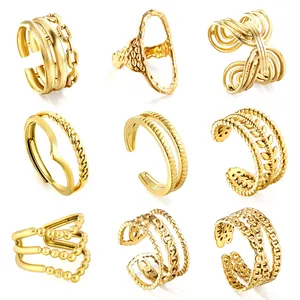 18K Gold Plated Stainless Steel Adjustable Open Ring For Women Fashion Geometric Irregular Hammered Layered Statement Ring Jewelry