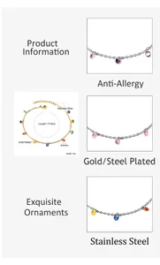 Detailed specs of gold plated stainless steel bracelet with colorful gems and sizing