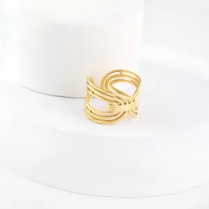 Modern 18k gold plated stainless steel multi-layer wrap ring with adjustable open band