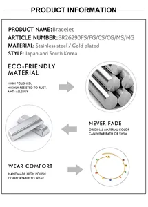 Detailed infographic showing 18k gold plated stainless steel bracelet with colorful stones
