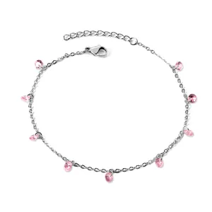 Elegant 18k silver plated stainless steel bracelet with pink round crystal charms