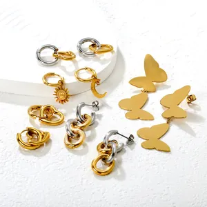 Orecchini a Cerchio in Acciaio Inossidabile a Forma di Cuore Sole Luna Farfalla per Donna Gioielli Asimmetrici Geometrici Placcati Oro Argento