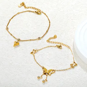 Exquisite Stainless Steel Butterfly Heart Flower Anklet For Women Girls Gold Silver Plated Zirconia Tassel Adjustable Foot Chain Jewelry Gift