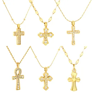 Stainless Steel Zircon Cross Pendant Necklace For Women Gold Silver Ankh Cross Fashion Clavicle Chain Religious Jewelry Gift