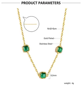 Detail view of gold-plated stainless steel necklace with 8.2mm square opal stones