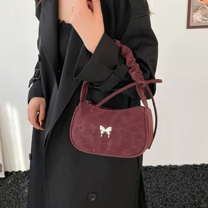 French vintage dark red shoulder bag with leopard texture and silver butterfly buckle