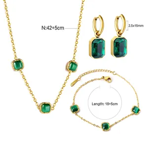 Vintage Stainless Steel Gold Plated Square Cat Eye Stone Necklace Bracelet Earrings Set For Women Retro Geometric Jewelry