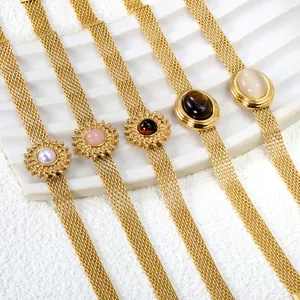 Vintage 18K Gold Plated Stainless Steel Mesh Chain Necklace Bracelet For Women Cat Eye Stone Tiger Eye Pendant Jewelry