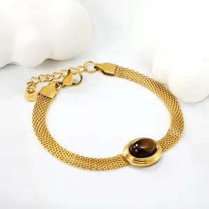 Elegant 18k gold plated stainless steel mesh bracelet with oval tiger eye stone inlay