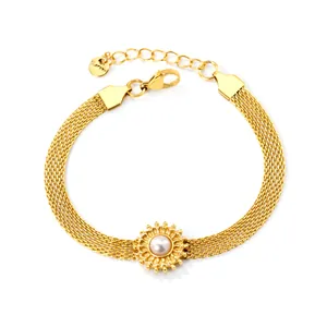 18k gold plated stainless steel multi-strand mesh bracelet with sunflower and pearl
